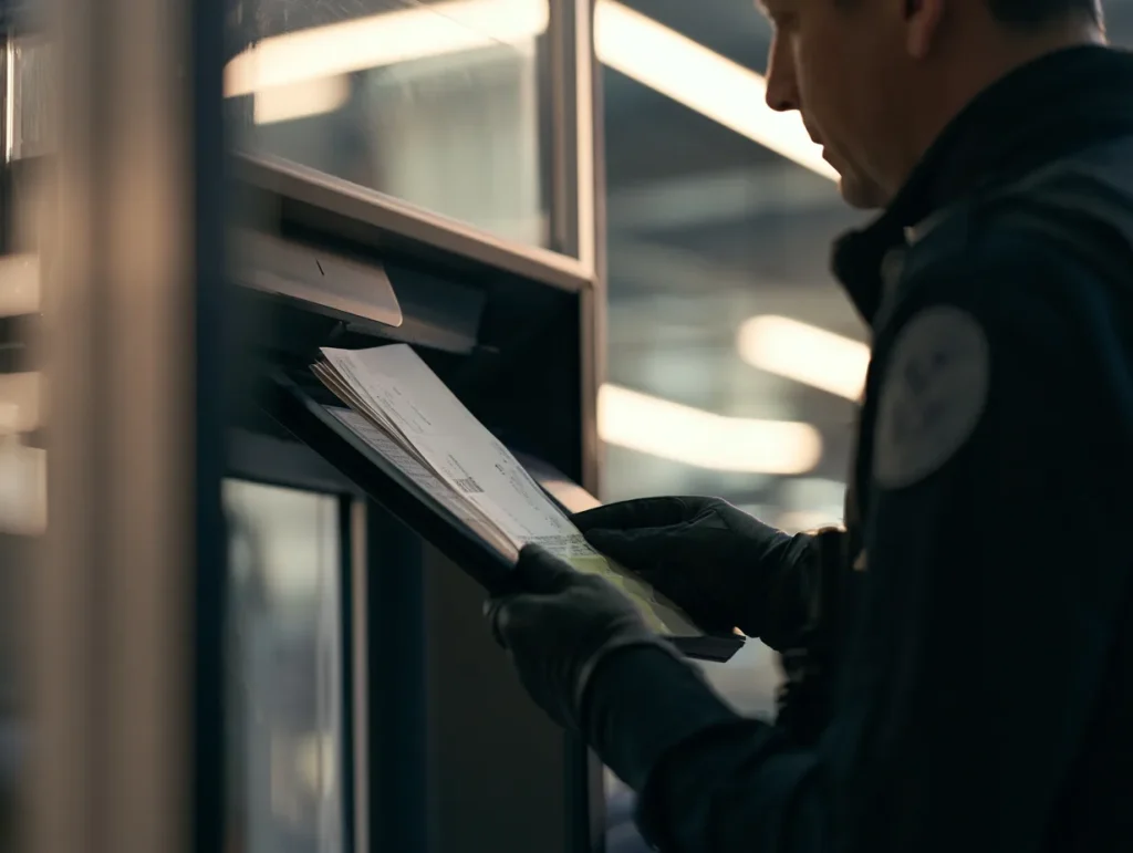 Border officer inspecting a travel document