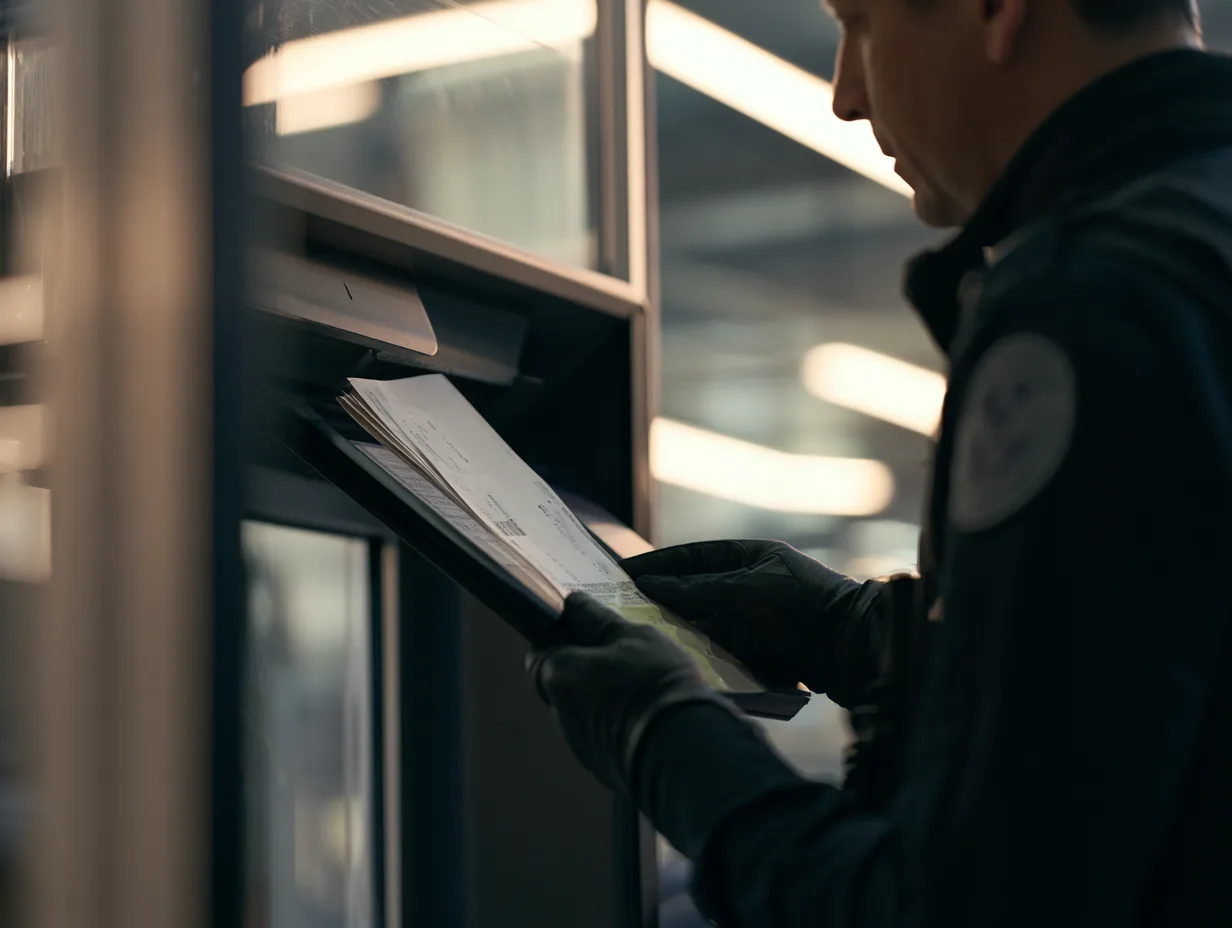 Border officer inspecting a travel document