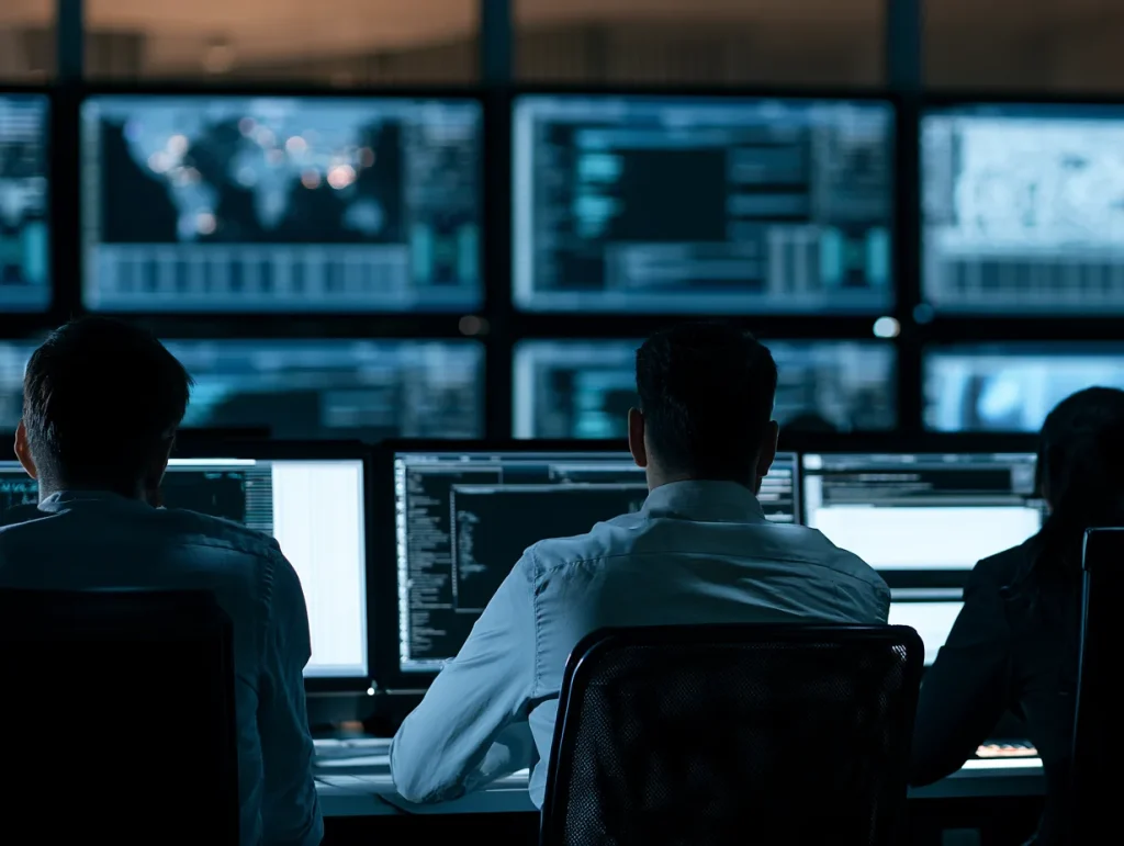 Incident response team reviewing screens