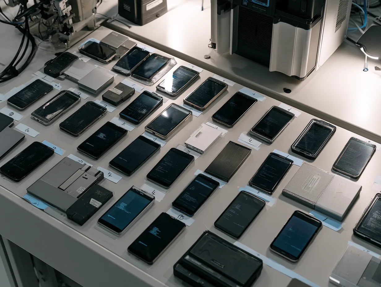 Seized mobile phones laid out for examination